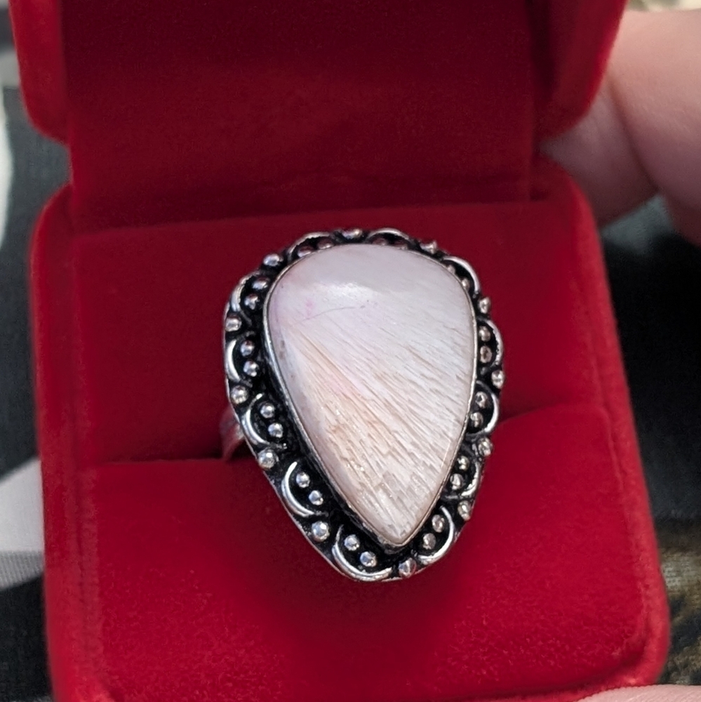 Vintage Handmade Genuine Scolecite Teardrop Ring 💍 In Sterling Silver Size 9